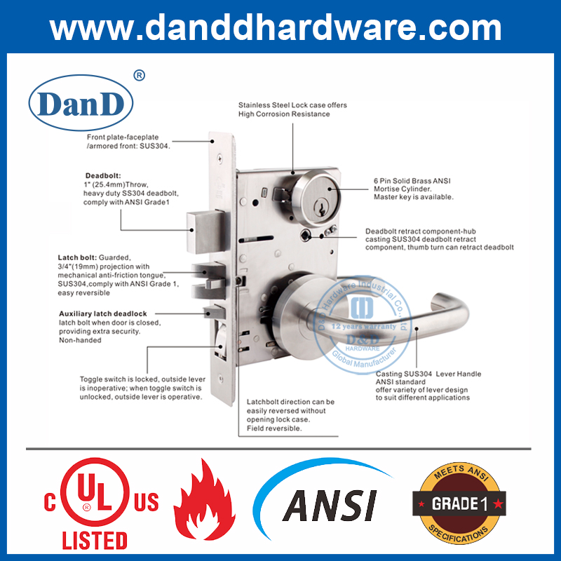 ANSI الصف 1 الفولاذ المقاوم للصدأ 304 موفر دخول الباب قفل DDAL04